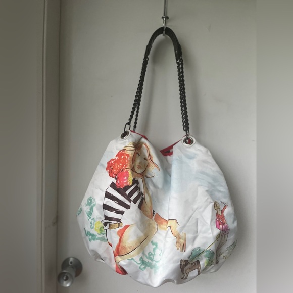 DSW Reversible Purse Bag Black Striped Lady Tree Walking Dog Couple Park Bench - Picture 9 of 13